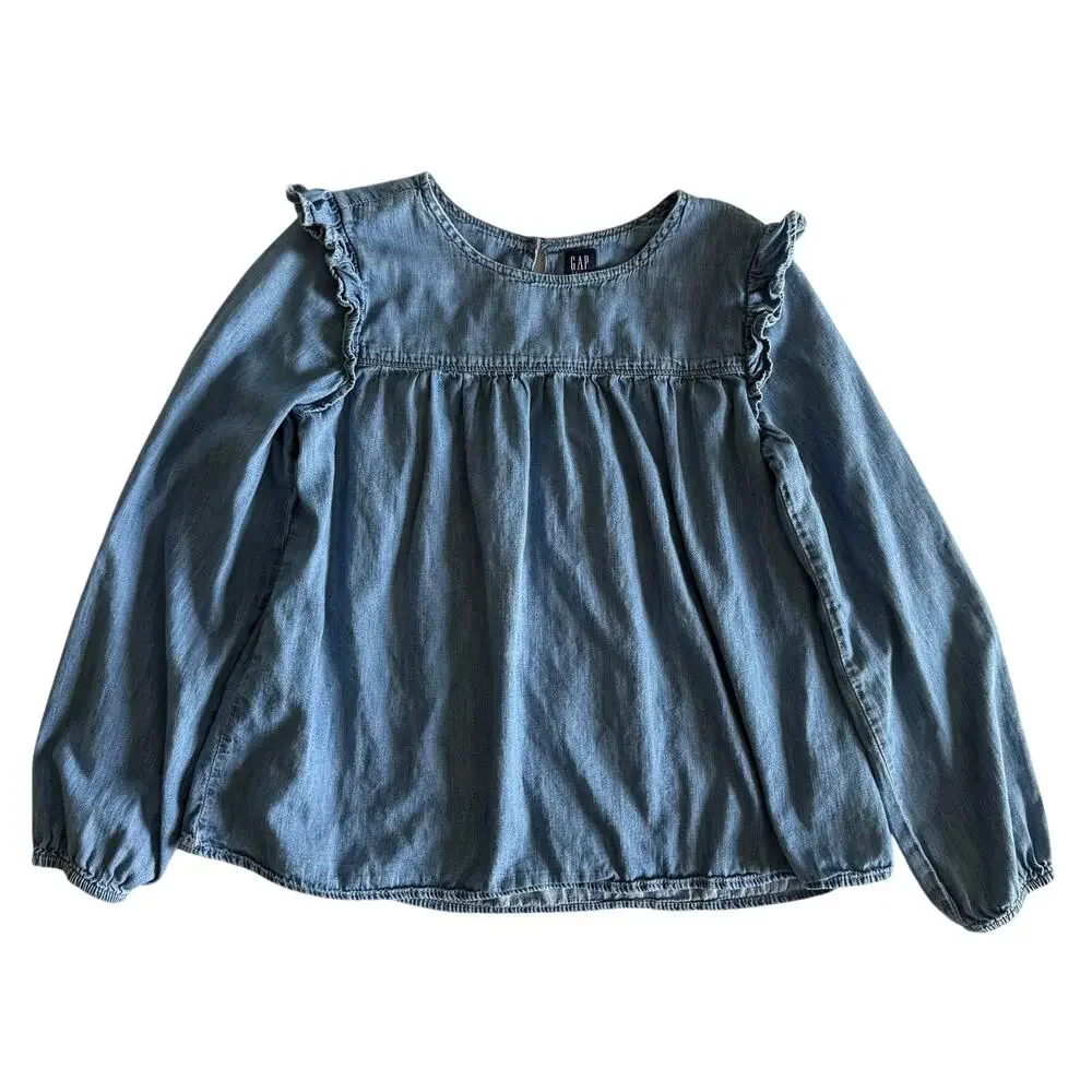 GAP Girls Denim Top Long Sleeve Ruffle Peplum Style Light Wash Size XXL=16/18